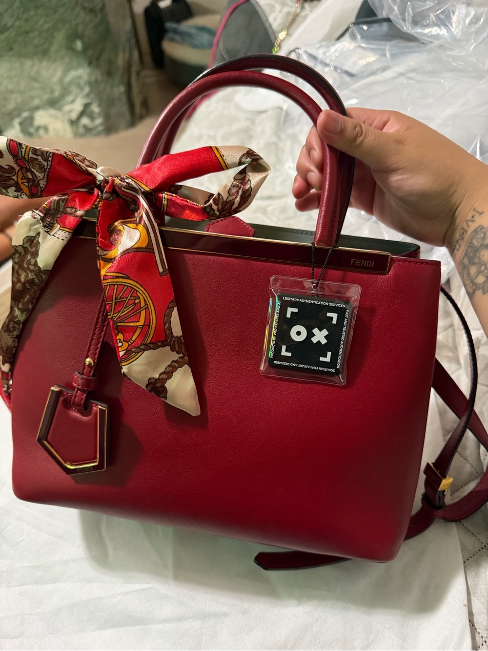 Fendi Red Leather Satchel with Scarf Accent